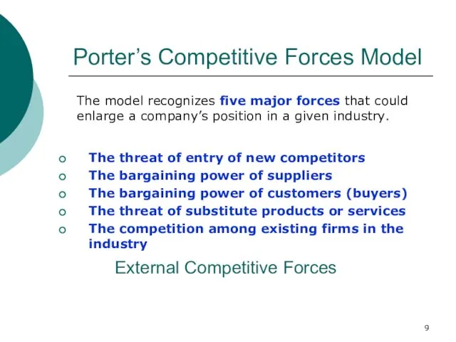 Porter’s Competitive Forces Model The threat of entry of new