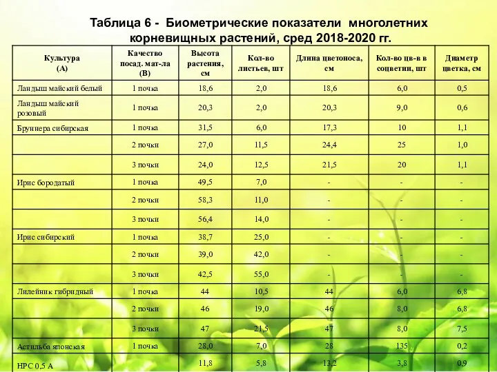 Таблица 6 - Биометрические показатели многолетних корневищных растений, сред 2018-2020 гг.