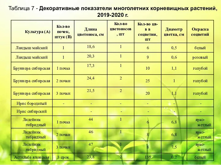 Таблица 7 - Декоративные показатели многолетних корневищных растений, 2019-2020 г.