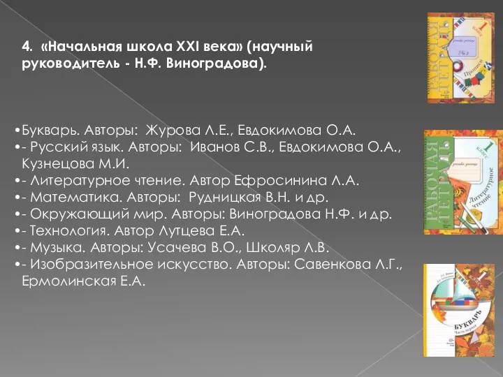 4. «Начальная школа XXI века» (научный руководитель - Н.Ф. Виноградова). Букварь. Авторы: Журова