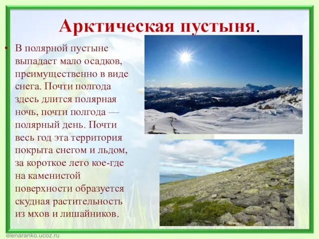 Арктическая пустыня. В полярной пустыне выпадает мало осадков, преимущественно в