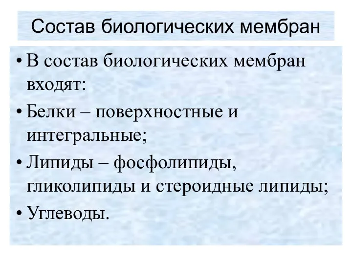 Состав биологических мембран В состав биологических мембран входят: Белки –