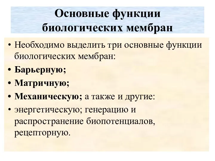 Основные функции биологических мембран Необходимо выделить три основные функции биологических