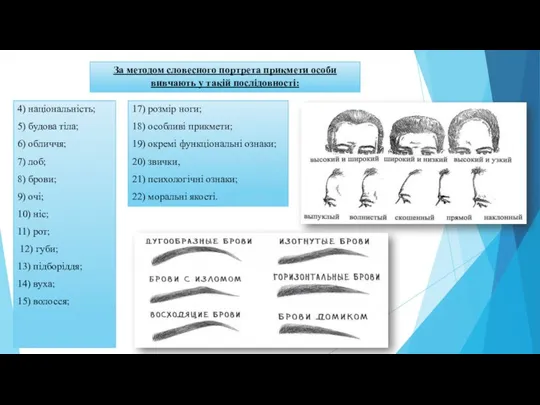 За методом словесного портрета прикмети особи вивчають у такій послідовності: 4) національність; 5)