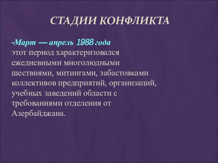 СТАДИИ КОНФЛИКТА -Март — апрель 1988 года этот период характеризовался