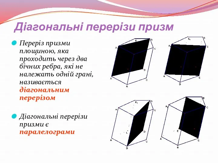 Діагональні перерізи призм Переріз призми площиною, яка проходить через два