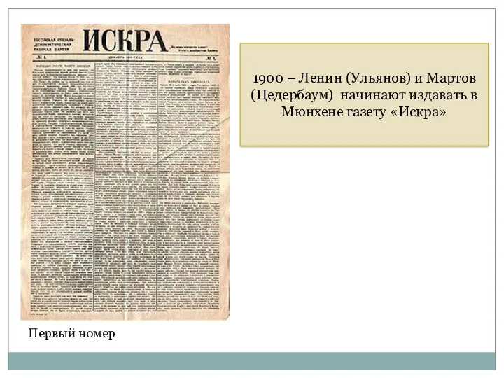 1900 – Ленин (Ульянов) и Мартов (Цедербаум) начинают издавать в Мюнхене газету «Искра» Первый номер