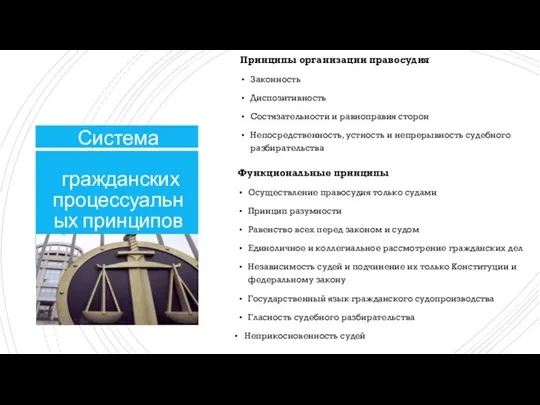 Система гражданских процессуальных принципов Принципы организации правосудия Законность Диспозитивность Состязательности