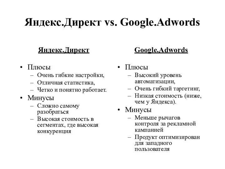 Яндекс.Директ vs. Google.Adwords Яндекс.Директ Плюсы Очень гибкие настройки, Отличная статистика,