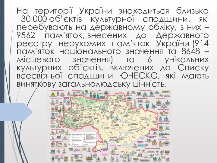 На території України знаходиться близько 130 000 об’єктів культурної спадщини, які перебувають на