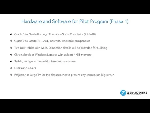 Hardware and Software for Pilot Program (Phase 1) Grade 5