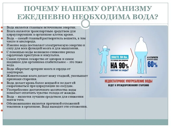 ПОЧЕМУ НАШЕМУ ОРГАНИЗМУ ЕЖЕДНЕВНО НЕОБХОДИМА ВОДА? Вода является главным источником