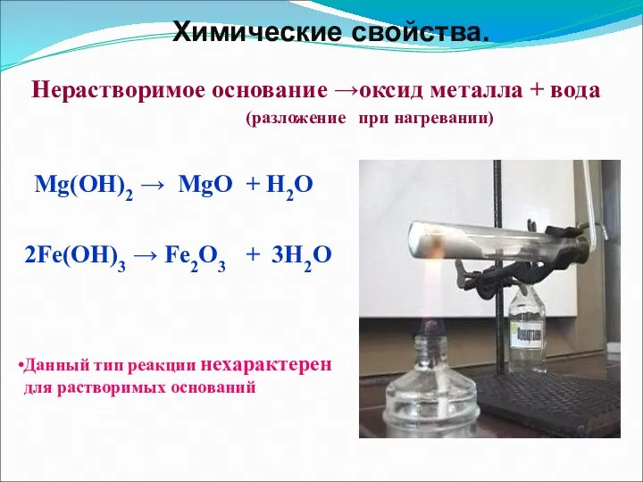 Нерастворимое основание →оксид металла + вода (разложение при нагревании) Mg(OH)2