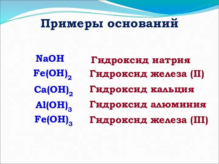 Примеры оснований NaOH Ca(OH)2 Fe(OH)2 Fe(OH)3 Al(OH)3 Гидроксид натрия Гидроксид