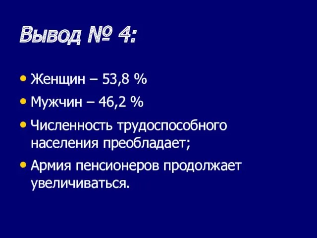 Вывод № 4: Женщин – 53,8 % Мужчин – 46,2