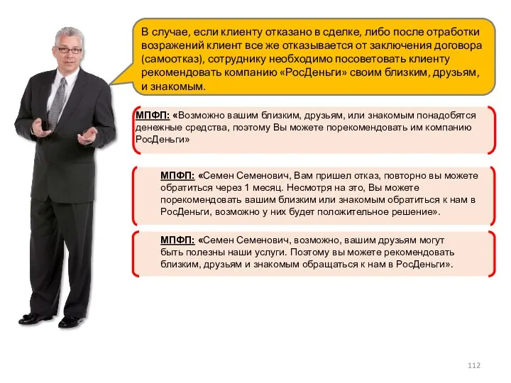 В случае, если клиенту отказано в сделке, либо после отработки возражений клиент все