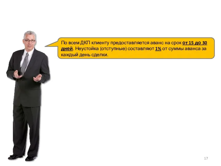 По всем ДКП клиенту предоставляется аванс на срок от 15 до 30 дней.