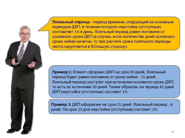 Пример 1: Клиент оформил ДКП на срок 30 дней. Лояльный период будет равен