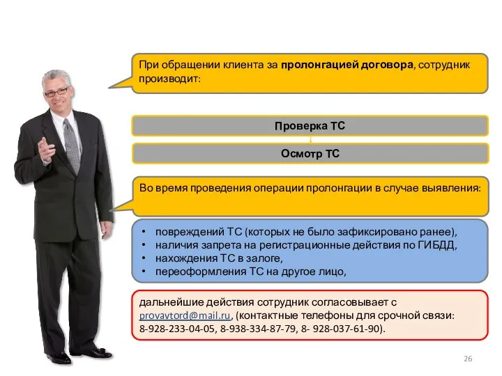 При обращении клиента за пролонгацией договора, сотрудник производит: Во время проведения операции пролонгации