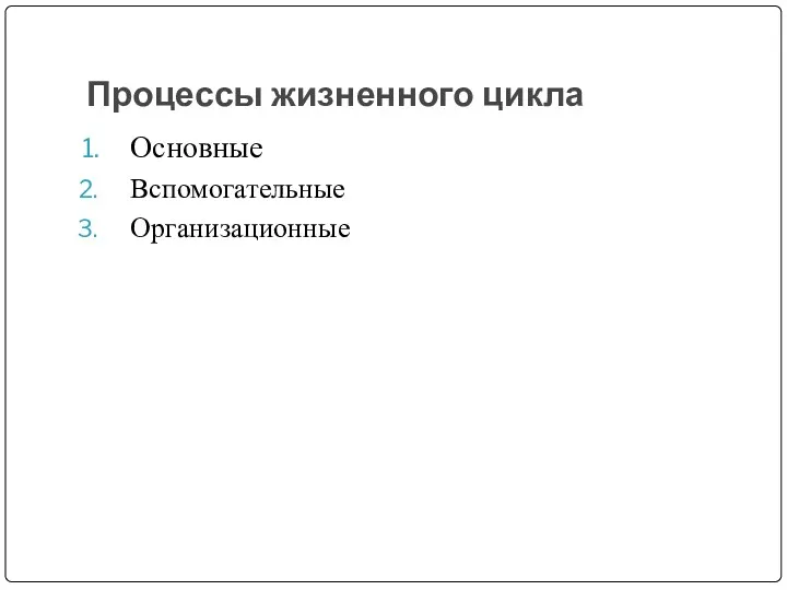 Процессы жизненного цикла Основные Вспомогательные Организационные