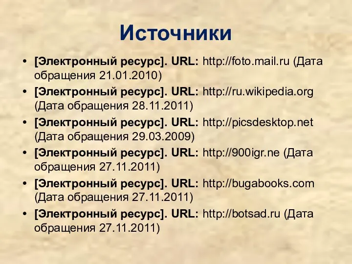 Источники [Электронный ресурс]. URL: http://foto.mail.ru (Дата обращения 21.01.2010) [Электронный ресурс].
