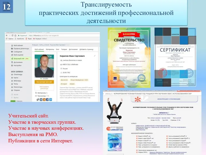 12 Учительский сайт. Участие в творческих группах. Участие в научных