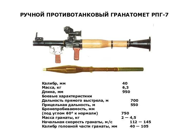 РУЧНОЙ ПРОТИВОТАНКОВЫЙ ГРАНАТОМЕТ РПГ-7 Калибр, мм 40 Масса, кг 6,3