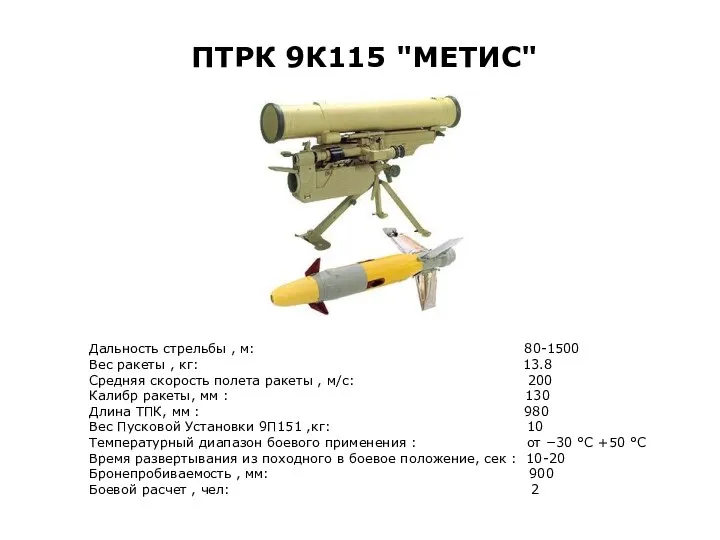 Дальность стрельбы , м: 80-1500 Вес ракеты , кг: 13.8