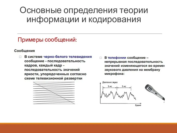 Основные определения теории информации и кодирования Примеры сообщений: