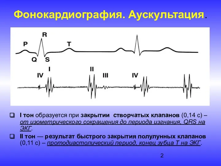 Фонокардиография. Аускультация. I тон образуется при закрытии створчатых клапанов (0,14