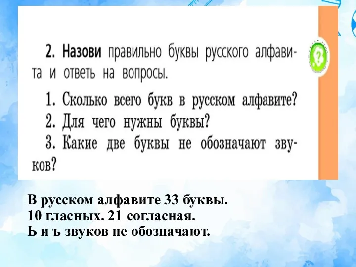 В русском алфавите 33 буквы. 10 гласных. 21 согласная. Ь и ъ звуков не обозначают.