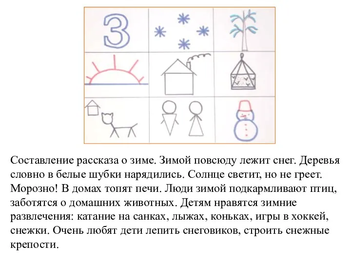 Составление рассказа о зиме. Зимой повсюду лежит снег. Деревья словно