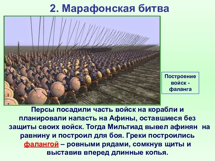 2. Марафонская битва Персы посадили часть войск на корабли и планировали напасть на