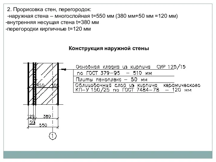 2. Прорисовка стен, перегородок: -наружная стена – многослойная t=550 мм