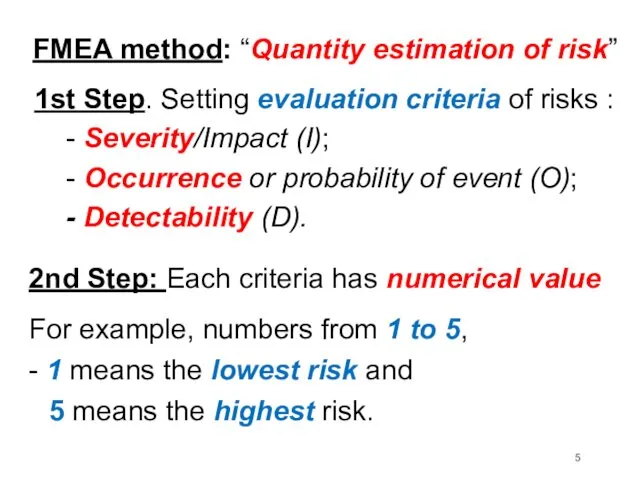 FMEA method: “Quantity estimation of risk” 1st Step. Setting evaluation criteria of risks