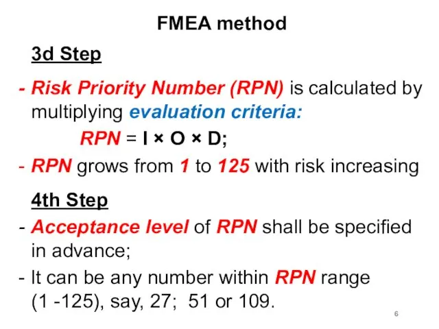 FMEA method 3d Step - Risk Priority Number (RPN) is calculated by multiplying