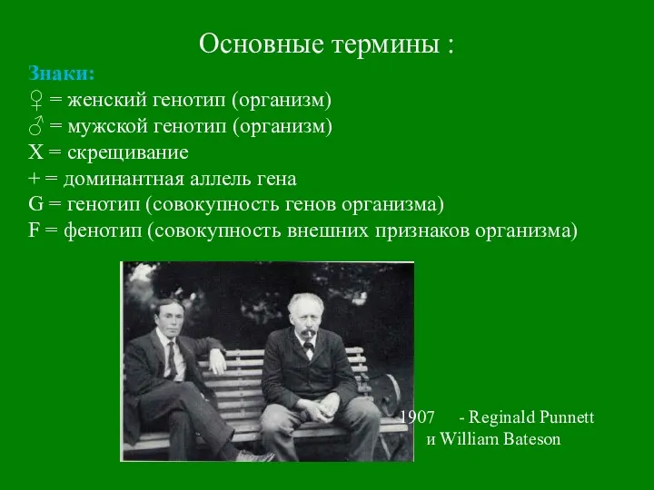 Основные термины : Знаки: ♀ = женский генотип (организм) ♂ = мужской генотип