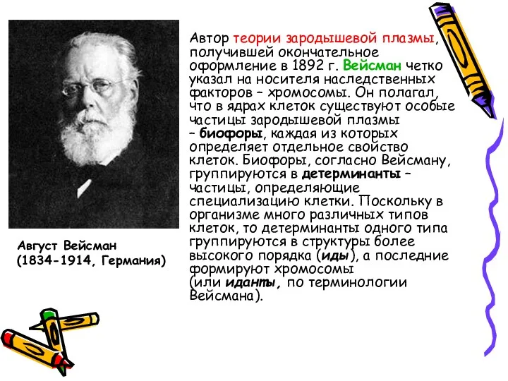 Автор теории зародышевой плазмы, получившей окончательное оформление в 1892 г.