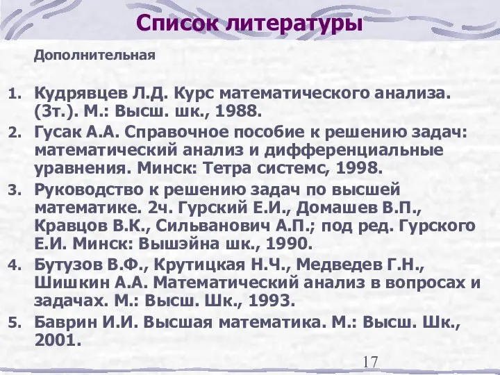 Список литературы Дополнительная Кудрявцев Л.Д. Курс математического анализа. (3т.). М.: