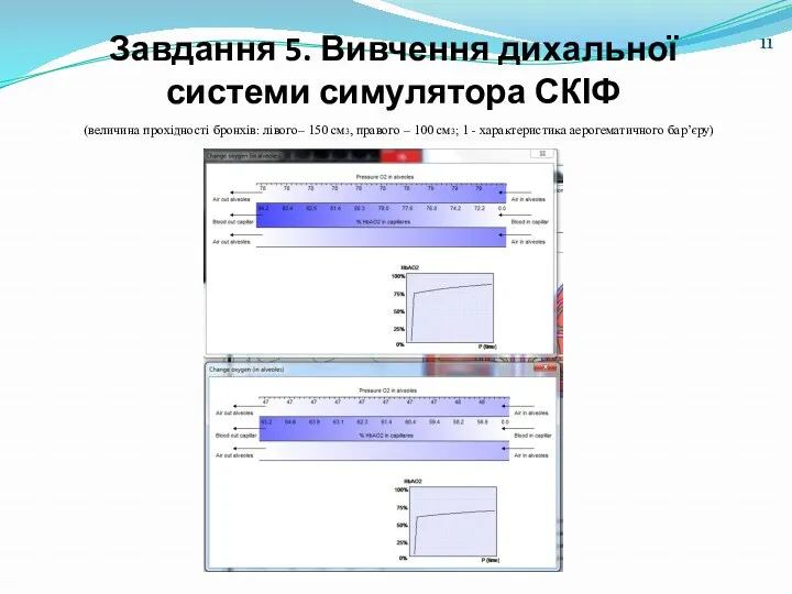 Завдання 5. Вивчення дихальної системи симулятора СКІФ (величина прохідності бронхів: лівого– 150 см3,