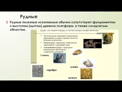 Рудные Рудные полезные ископаемые обычно сопутствуют фундаментам и выступам (щитам) древних платформ, а также складчатым областям.