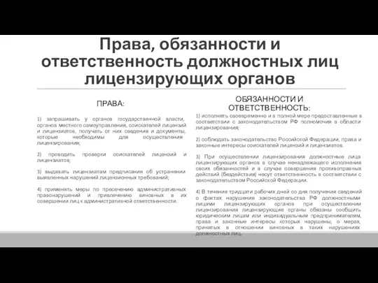 Права, обязанности и ответственность должностных лиц лицензирующих органов ПРАВА: 1)