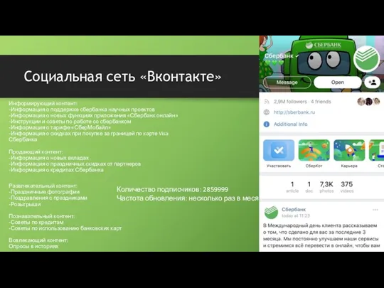 Социальная сеть «Вконтакте» Информирующий контент: -Информация о поддержке сбербанка научных