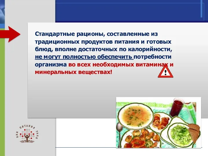 Стандартные рационы, составленные из традиционных продуктов питания и готовых блюд,