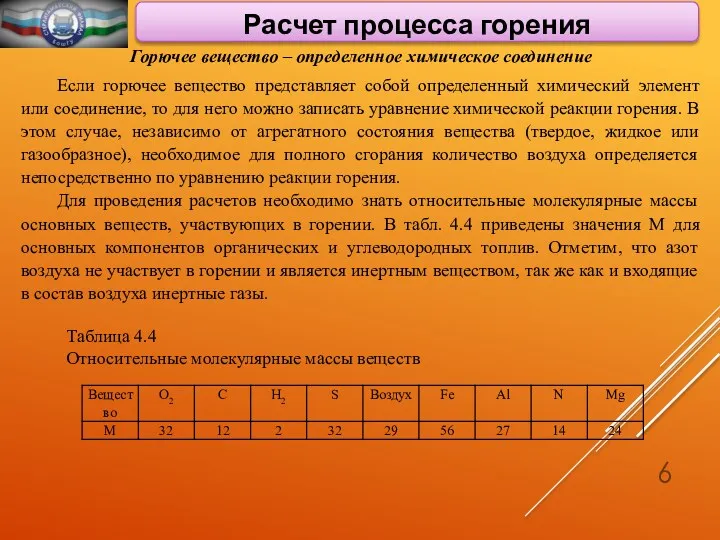 Расчет процесса горения Горючее вещество – определенное химическое соединение Если