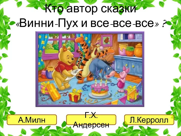 А.Милн Г.Х.Андерсен Л.Керролл Кто автор сказки «Винни-Пух и все-все-все» ?