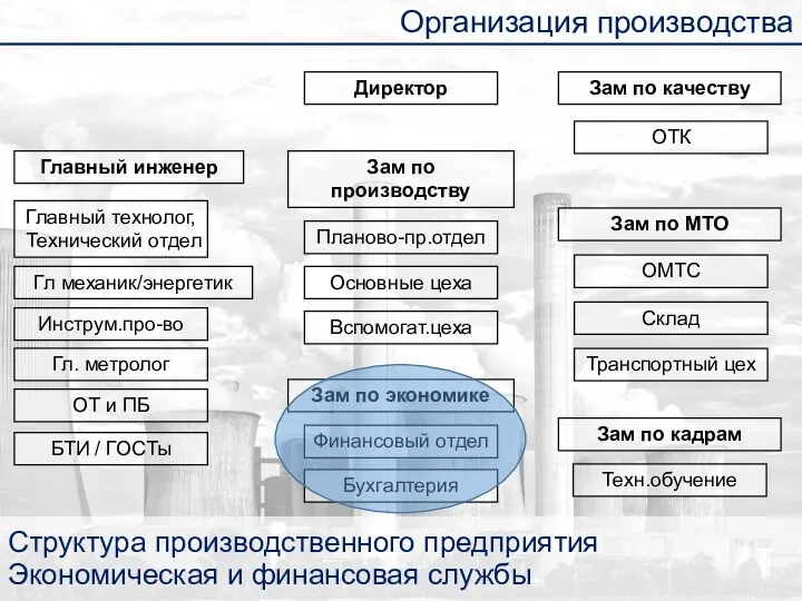 Структура производственного предприятия Экономическая и финансовая службы Организация производства Директор