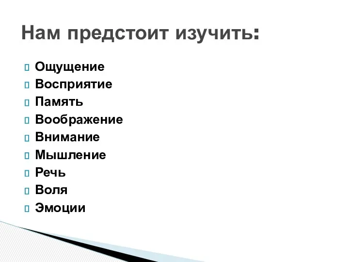 Ощущение Восприятие Память Воображение Внимание Мышление Речь Воля Эмоции Нам предстоит изучить: