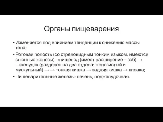 Органы пищеварения Изменяется под влиянием тенденции к снижению массы тела;