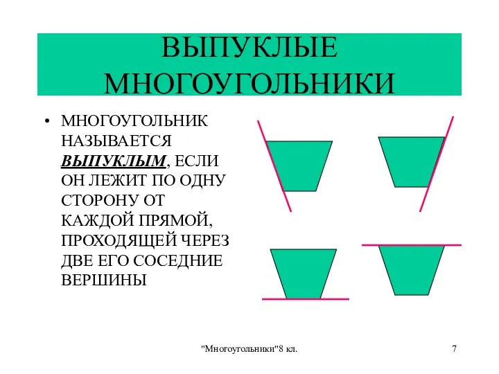 "Многоугольники"8 кл. ВЫПУКЛЫЕ МНОГОУГОЛЬНИКИ МНОГОУГОЛЬНИК НАЗЫВАЕТСЯ ВЫПУКЛЫМ, ЕСЛИ ОН ЛЕЖИТ